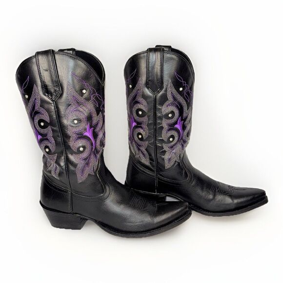 Gypsy Rose Western Boot Leather Cowboy Black Purple Studded Rhinestone Women 7.5 - Picture 2 of 16
